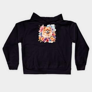 A pomeranian decorated with beautiful watercolor flowers Kids Hoodie